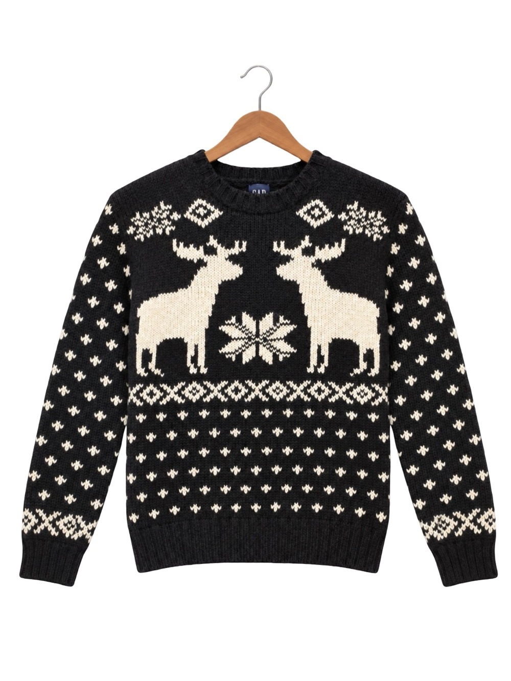 VTG 90s GAP Wool Knit Reindeer Sweater Black Snowflake Deadstock M Y2K Hong Kong
